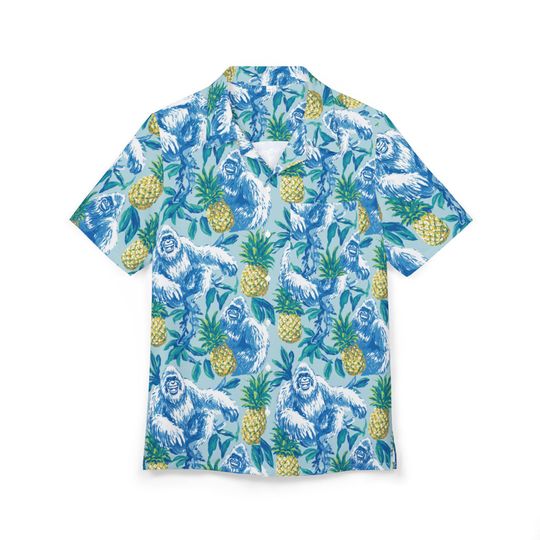 Discover Unisex Hawaiian Button-Down Shirt, Funny Happy Bigfoot Pattern Pineapple & Blue Floral Button Up Hawaiian Shirt