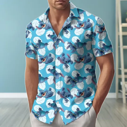 Discover Stitch Leaf Hawaii Shirt, Disney Man Shorts, Disney Summer Vacation Button Shirt