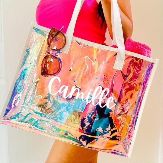 Custom Beach Bag Bridesmaid Totes Personalized Tote Bag for Her Bridesmaid Gifts Party Favors Holographic Transparent Tote Summer Bag Gifts