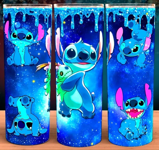 Discover Stitch Cartoon Blue Sparkle Tumbler with Lid and Straw 20oz