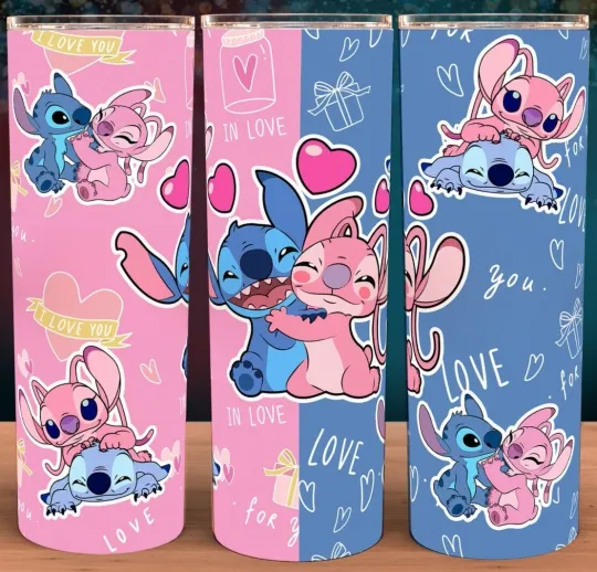 Discover Stitch and Angel Cartoon Tumbler with Lid and Straw 20oz