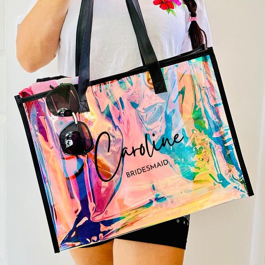 Personalized Tote Gift Bag, Custom Beach Bags, Bridesmaid Bags, Wedding Gift Bag, Bachelorette Party Bag, Holographic Bag Gift, Bridal Party