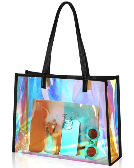 Holographic Clear Tote Bag with Leather Handle for Beach and Party