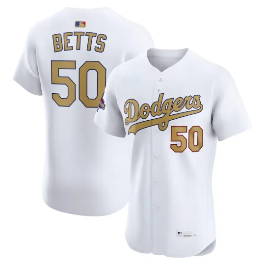 Discover Men's #50 Mookie Betts White 2025 Gold Collection Elite All Stitched Jersey++