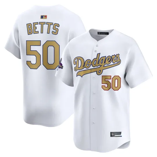 Discover Men's #50 Mookie Betts White 2025 Gold Collection  All Stitched Jersey