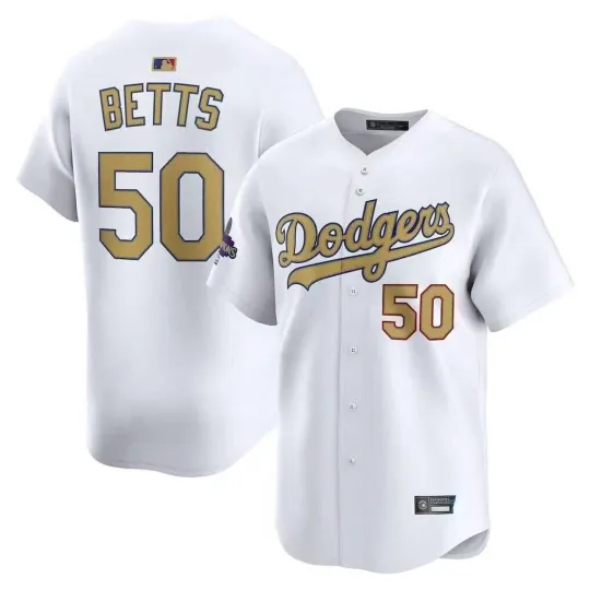 Discover NWT Men's Dodgers #50 Mookie Betts jersey White 2025 Gold Collection S-3XL