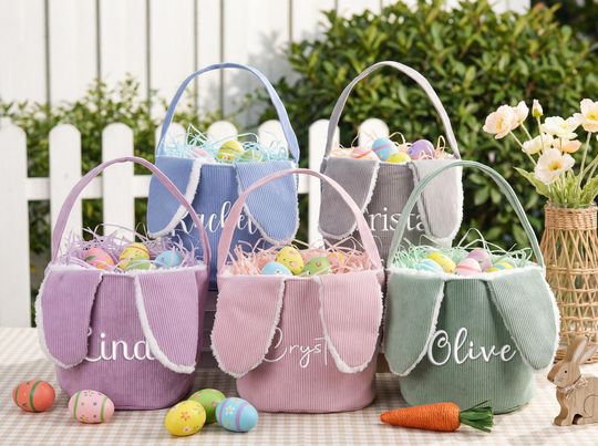 Personalized Corduroy Easter Basket with Name, Embroidered Bunny Basket for Kids, Reusable Egg Hunt Basket, Custom Easter Gift