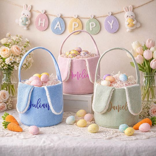 Personalized Corduroy Easter Basket, Custom Embroidered Name Bunny Basket, Soft Handle Egg Hunt Gift, Gift for Kids, Spring Nursery Decor