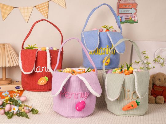 Personalized Corduroy Easter Basket, Embroidered Bunny Basket with Name, Kids Egg Hunt Bag