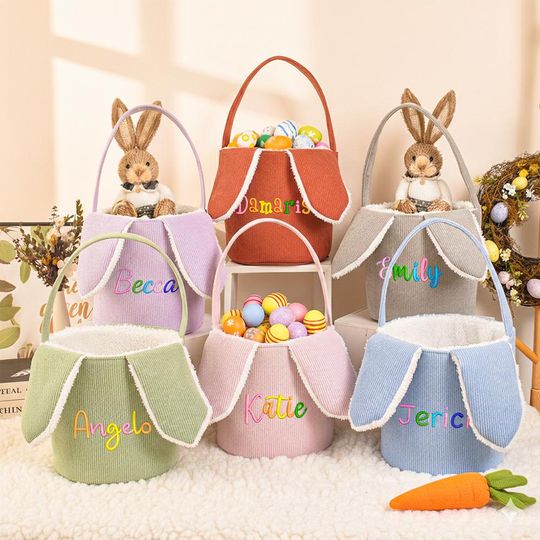 Personalized Corduroy Bunny Easter Basket | Custom Name Toddler Egg Hunt Gift