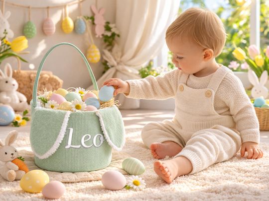 Personalized Easter Basket, Corduroy Embroidered Name Bunny Ear Plush Pail, Toddler Egg Hunt Bucket, Baby First Easter Gift,Baby Shower Gift