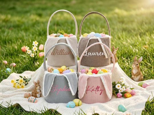 Personalized Corduroy Easter Basket, Embroidered Egg Hunt Basket, Easter Decor, Easter Gift for Kids, Baby First Easter Gift, Easter Tote