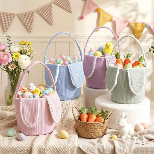 Custom Embroidered Bunny Ear Corduroy Easter Basket, Personalized Spring Decor