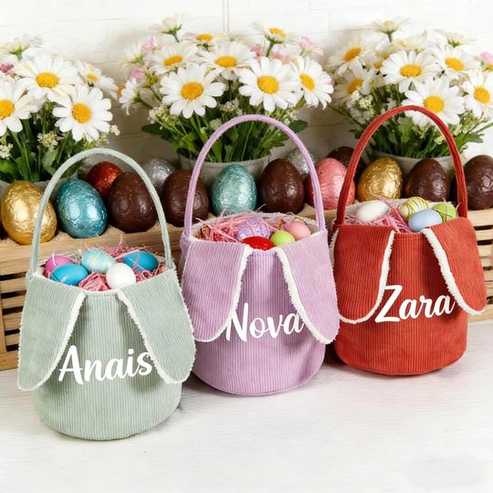 Personalized Easter Basket,Embroidered Bunny Corduroy Basket