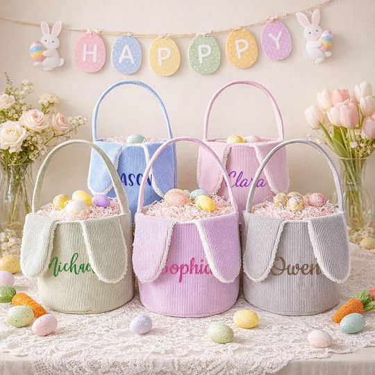 Personalized Corduroy Easter Basket, Custom Embroidered Name Bunny Basket, Soft Handle Egg Hunt Gift, Gift for Kids, Spring Nursery Decor