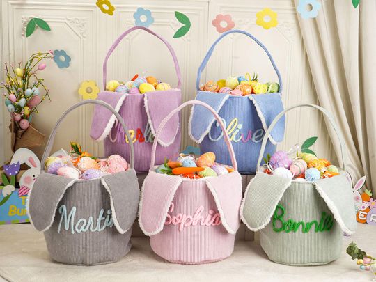Personalized Embroidered Corduroy Easter Basket, Bunny Ears