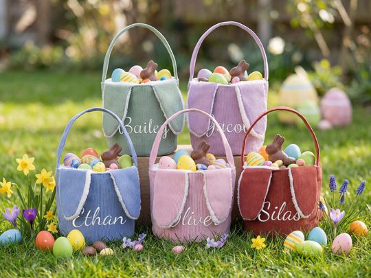 Personalized corduroy Easter basket, embroidered bunny ears, custom name kids egg hunt bucket, soft lined tote, Easter gift for toddler
