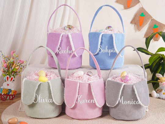 Personalized Corduroy Easter Basket,Easter Egg Hunt Basket,Corduroy Bunny Ear Bucket,Embroidered Easter Bunny Basket,Easter Gift for Kids