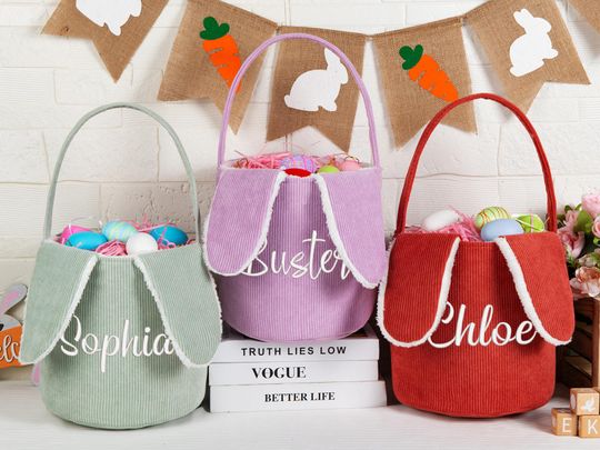 Embroidered Corduroy Easter Basket, Personalized Bunny Basket