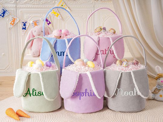 Personalized Corduroy Easter Basket,Embroidered Easter Bunny Basket,Kids Bunny Basket with Name,Easter Egg Hunt Basket,Easter Gift for Kid