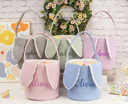 Embroidered Easter Basket,Personalized Easter Corduroy Basket,Kids Basket With Name,Easter Baskets Egg Hunt Bucket,Easter Basket For Kids