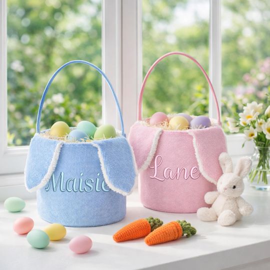 Personalized Corduroy Easter Basket, Embroidered Bunny Ear Bucket, Custom Spring Tote