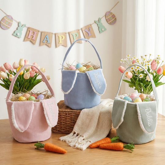 Personalized Corduroy Easter Basket, Custom Easter Bag, Embroidered Name Easter Bucket, Kids Bunny Basket with Name, Kids Easter Gift