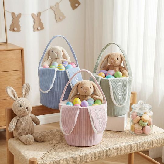 Personalized Easter Bunny Basket, Embroidered Corduroy Easter Basket, Custom Easter Egg Hunt Basket, Easter Gift
