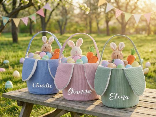 Personalized Easter Basket, Bunny Basket with Name, Embroidered Corduroy Basket for Kids, Easter Egg Hunt Gift, Rabbit Bag