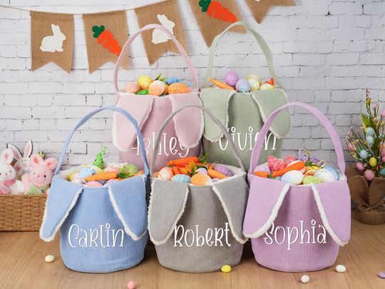 Personalized Corduroy Easter Basket, Embroidered Bunny Egg Hunt Bag