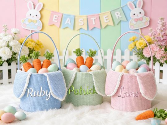 Personalized Corduroy Easter Basket,Easter Egg Hunt Basket,Kids Bunny Basket with Embroidered Name,Easter Bunny Basket,Easter Gift for Kids