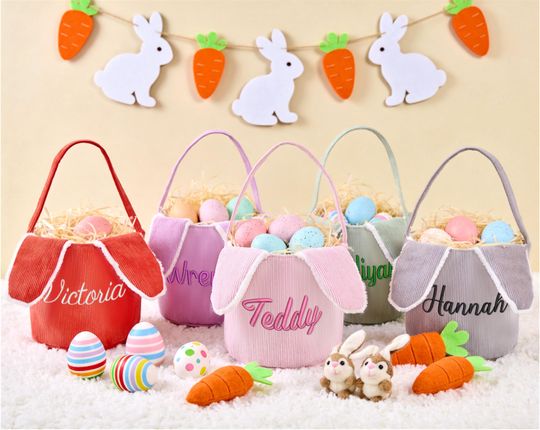 Custom Corduroy Bunny Ear Bucket, Easter Basket with Name, Personalized Basket for Boy Girl, Embroidered Egg Hunt Bag, Spring Nursery Decor