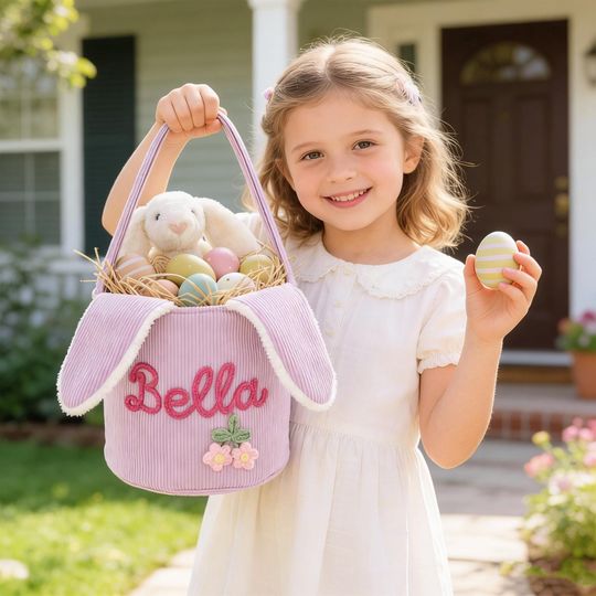 Personalized Corduroy Easter Basket With Name,Embroidered Egg Hunt Bag,Spring Nursery Decor