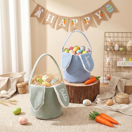Personalized Corduroy Easter Basket, Embroidered Bunny Name Bag, Kids Egg Hunt Carrier