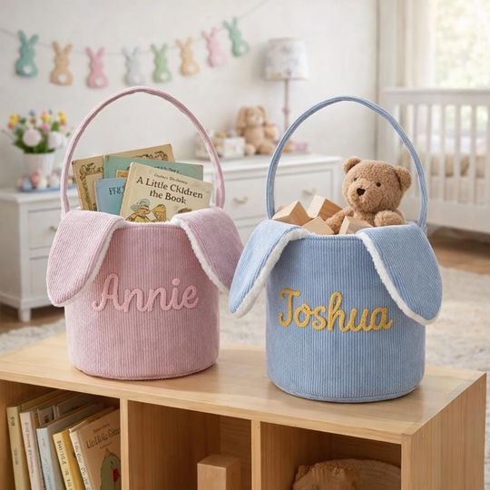 Custom Easter Basket with Name, Corduroy Bunny Ear Bucket, Personalized Basket for Boy Girl, Embroidered Egg Hunt Bag, Spring Nursery Decor