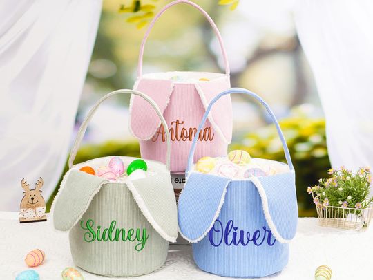 Personalized Easter Basket: Embroidered Corduroy Bunny Basket