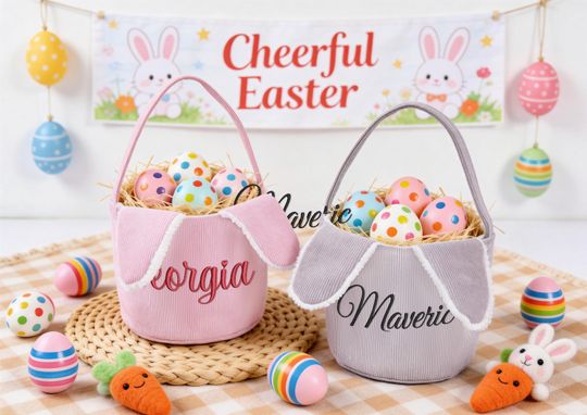 Personalized Corduroy Easter Basket, Kids Bunny Basket with Embroidered Name,Easter Bunny Basket,Easter Egg Hunt Basket,Easter Gift for Kids