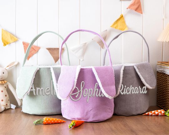 Discover Personalized Embroidered Bunny Easter Basket | Corduroy Kids Keepsake Gift | Embroidered Bunny Rabbit Design | Custom Baby & Toddler Gift