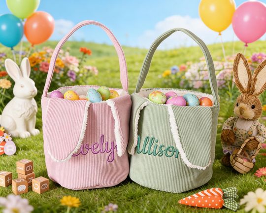 Personalised Corduroy Easter Basket, Embroidered Easter Bunny Basket, Kids Bunny Basket with Name, Easter Egg Hunt Basket, Gift for Kids