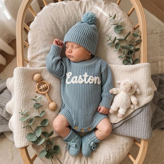 Hand Embroidered Name Baby Boy Romper Set, Baby Boy Romper, Personalized Baby Outfit, Coming Home