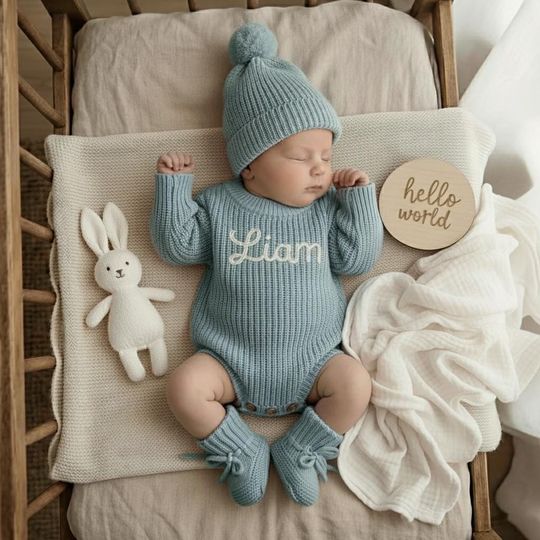 Discover Personalized Outfit, Embroidered Name Baby Romper Set,, Baby Boy Girl Romper, Coming Home Outfit, Organic Cotton Knit,Gender Neutral