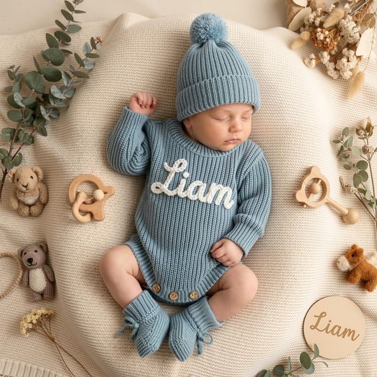 Discover Hand Embroidered Name Baby Romper Set,Personalized Outfit, Baby Boy Romper, Coming Home, Organic Cotton Knit,Gender Neutral