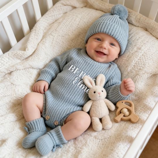 Personalized Embroidered Knit Ruffle Romper, Embroidered Baby Romper Set, Baby Boy Romper Baby Girl Romper, Baby Shower Gift, Newborn Gift