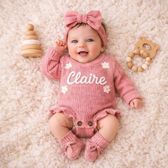 Discover Hand Embroidered Name Daisy Baby Romper Set,Coming Home, Organic Cotton Knit, Personalized Outfit, Baby Boy Romper Baby Girl Romper