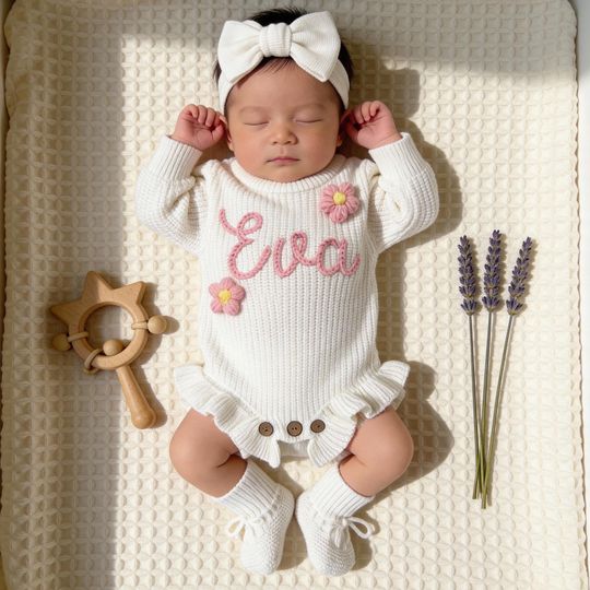 Hand Embroidered Name Baby Romper Set, Personalized Outfit, Baby Girl Romper, Gender Neutral