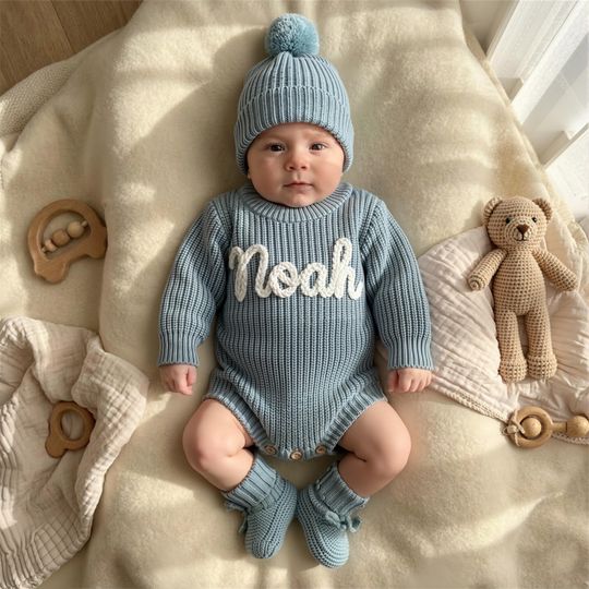 Hand Embroidered Name Baby Romper Set,Personalized Outfit, Baby boy Romper, Coming Home, Gender Neutral