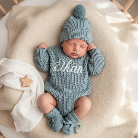 Discover Embroidered Name Baby Romper Set, Personalized Outfit, Baby Boy Romper Baby Girl Romper, Coming Home, Organic Cotton Knit, Gender Neutral