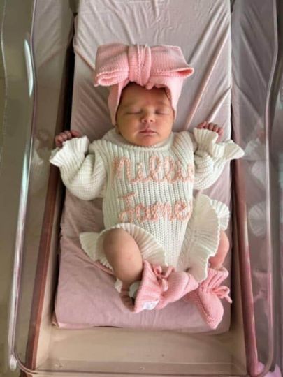 Hand Embroidered Ruffle Romper, Knit Embroidered Baby Announcement Romper, Personalized Coming Home Outfit, Baby Shower Gift