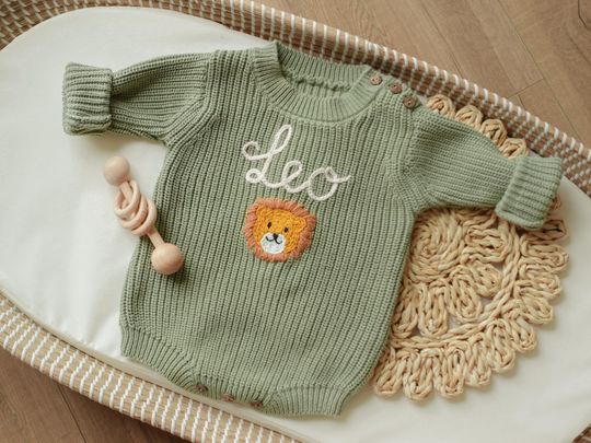 Newborn Coming Home Custom Outfit, Infant Baby Personalized Hand Embroidered Knit Sweater Romper