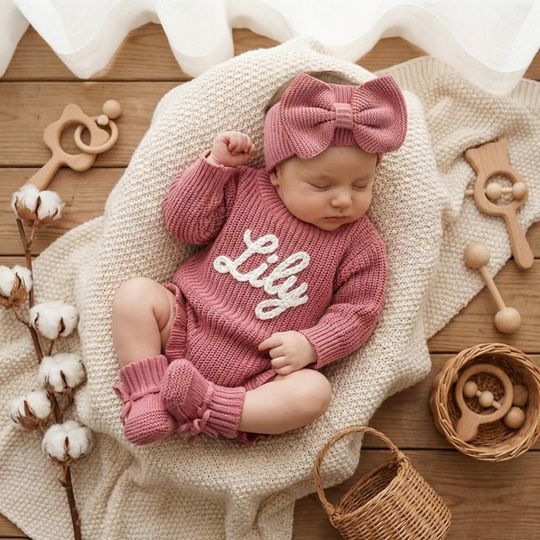 Personalized Embroidered Name Baby Girl Romper Set, Welcome home Gender Neutral Outfit for Baby Girl or Boy